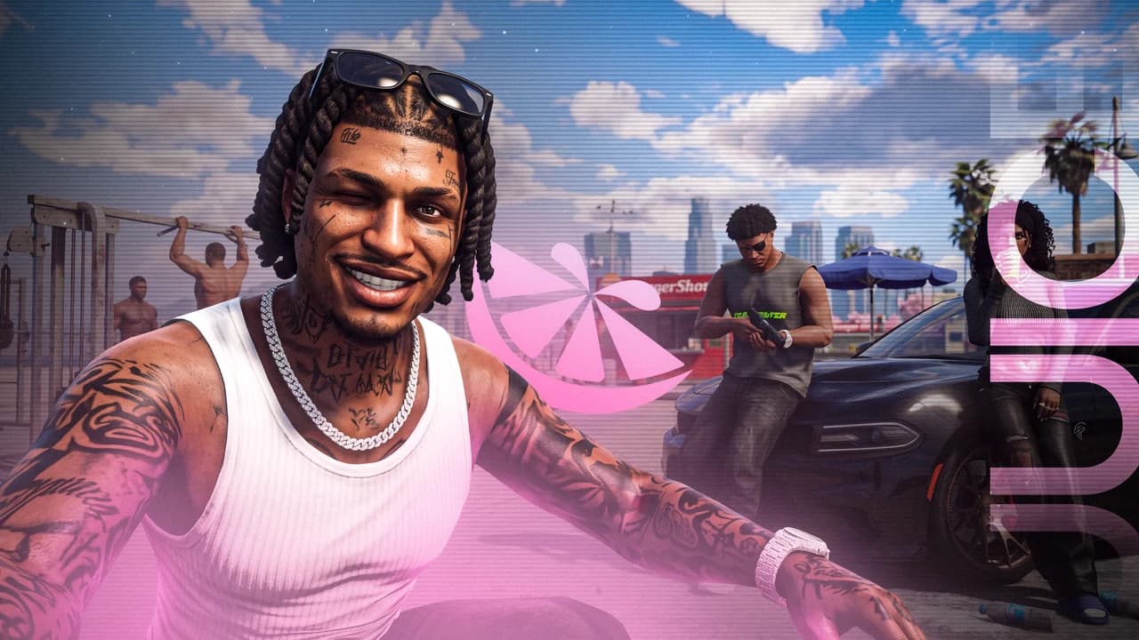 Un personnage de Juice prend un selfie sous les palmiers de Los Santos, avec ses amis et une voiture en arrière-plan.