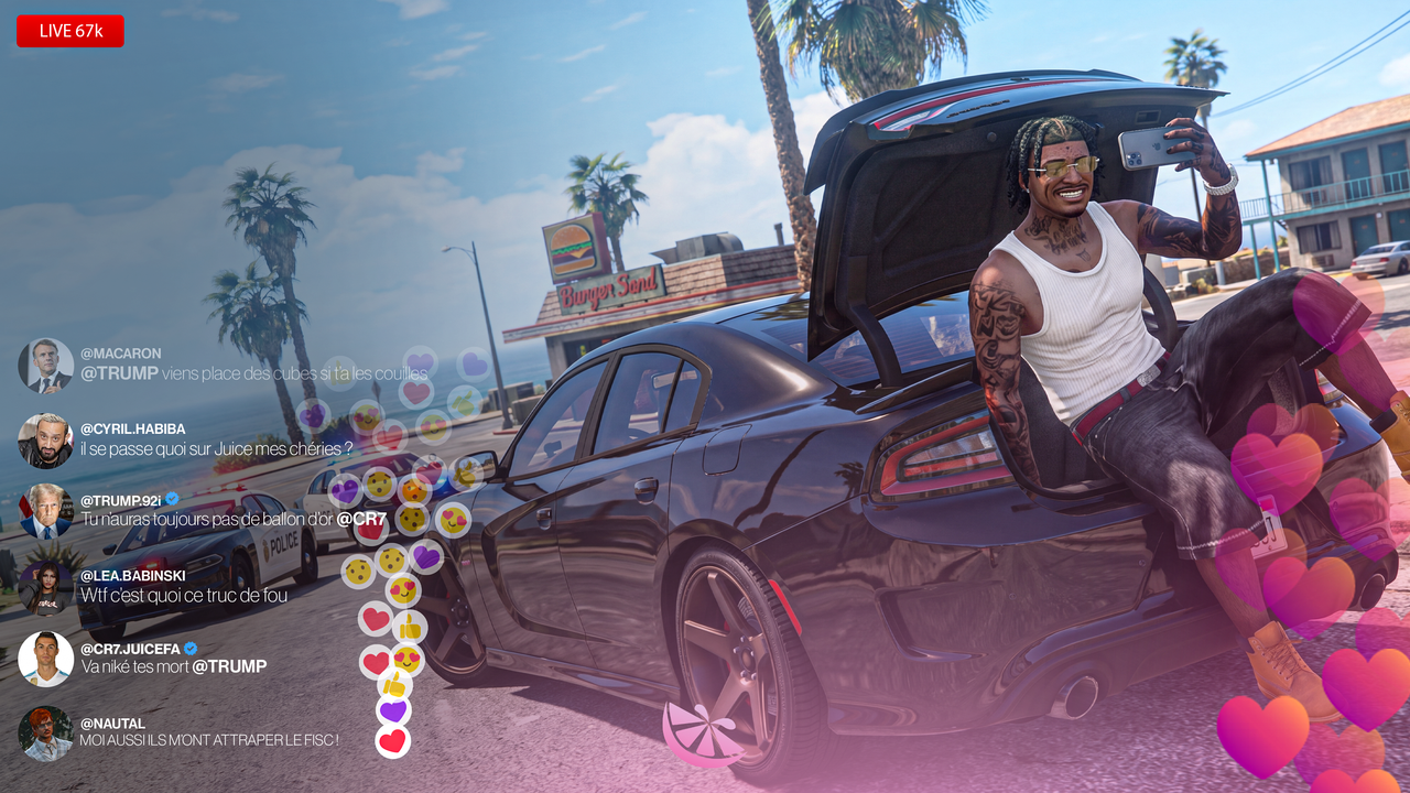 Un personnage de Juice en live, assis dans le coffre d’une voiture au bord de la plage.